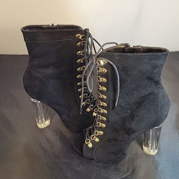 WILD DIVA FAUX SUEDE LICITE HEEL PEEP TOE LACE-UP FRONT BOOTIE - Picture 7 of 14